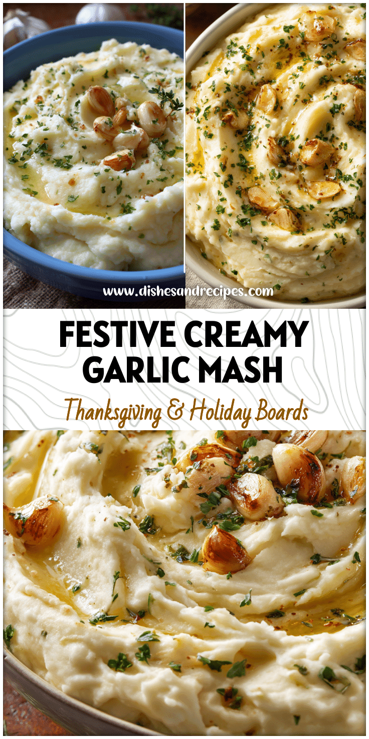 A serving dish filled with creamy garlic mashed potatoes garnished with herbs and roasted garlic cloves.